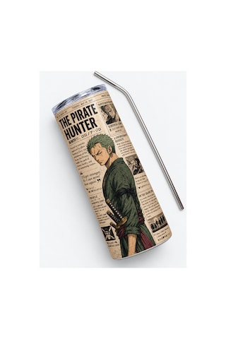Anime Severlere Özel One Piece Zoro Desenli Hediye Seti Termos, Kupa, Bardak Altlığı 3'lü Hediye Paketi