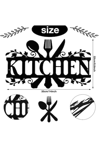Metal Mutfak Duvar Dekoru - Kitchen Yazılı Dekoratif Metal Tablo Siyah