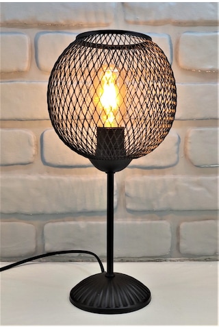 Siyah Metal Ayaklı Siyah Küre Hasır Tel Şapkalı Abajur Siyah