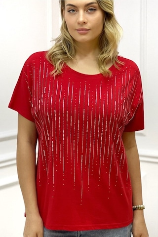 Rich Glam Bol Kesim Bisiklet Yaka Büyük Beden Crystal Taşlı Kadın T-shirt Kırmızı