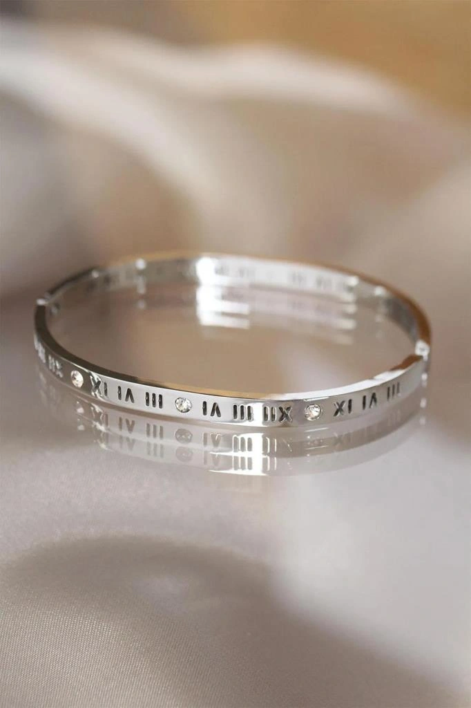 Roma Rakam İnce Taşlı Gümüş Çelik Bileklik Gümüş