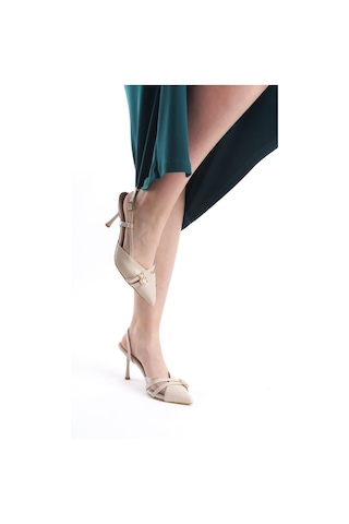 Preshley Kadın Arina Krem Cilt 9 Cm İnce Topuklu Sivri Burunlu Yanları Acık Stiletto Krem