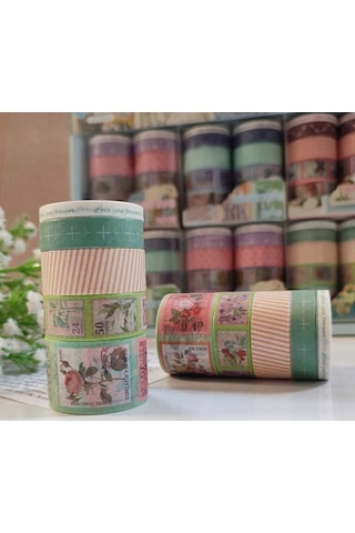 Vintage Washi Tape Bant Baskılı Yapışkanlı Maskeleme Kağıdı Desenli Bant 10'lu - Yeşil Pul Mektup 1