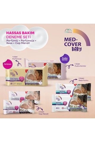 Med-cover Baby Pişik Önleyici Bakım Mendil Seti Parfümlü 50'li + Parfümsüz 50'li + 2 Kese + 2 Cep Boy 3'lü