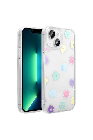 Techaks Apple Uyumlu iPhone 14 Kılıf Şeffaf Figürlü Zore Folk Sert Kapak - Fiyonk Beyaz