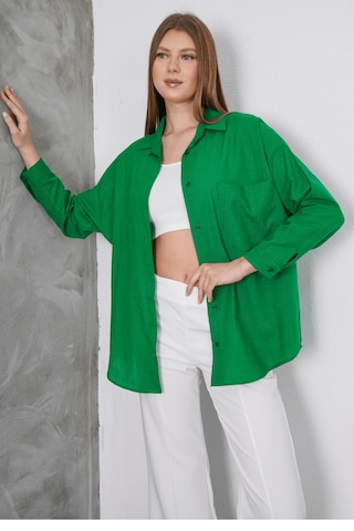 Paw Garage Kadın London Keten Tek Cepli Oversize Gömlek, Premium Kalite Keten Gömlek Yeşil