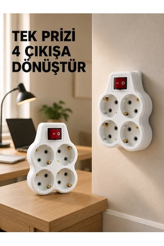 Anahtarlı 4 Lü Priz Adaptörü Direkt Duvar Prizine Takılan Priz Çoklayıcı 2 Li Set 0 - 2 M