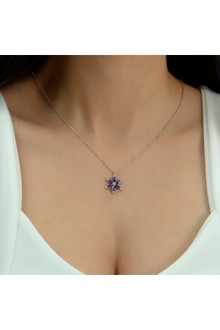 Pırlanta Modeli Mor Taş Lotus Kolye 925 Ayar Gümüş