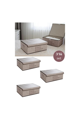 Flosoft 3 Adet Keçe Kapaklı Baza Hurcu, Çok Amaçlı Düzenleyici Organizer 50x40x19 Cm Krem