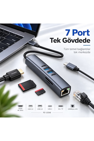 Woyax 7 İn 1 Type-c Usb Hub Çoklayıcı Dönüştürücü Converter 4k 30hz Hdmı 100w Pd Usb 3.0 Usb 2.0 Usb-c Sd/tf Kart Okuyucu 100 Mbps Ethernet Macbook Laptop Tablet