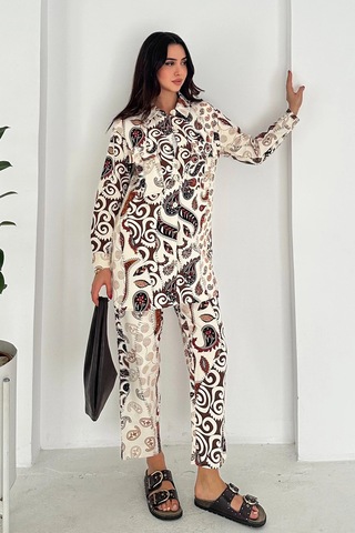 Etnik Desen Baskılı Keten Takım Kahverengi