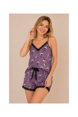 Rindahomewear Kadın İp Askılı Flamingo Desenli Pegasus Kumaş Şortlu Takım Çok Renkli