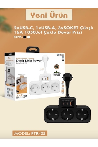 3680w 3.4a 2xusb 1xtype-c Alman Akım Korumalı Saf Bakır 3 Lü Priz