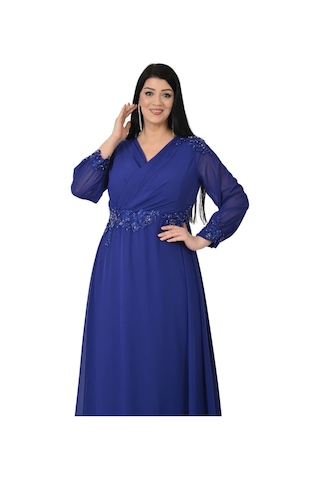 Lilas Xxl Kadın Büyük Beden Uzun Şifon Abiye Elbise 9573 Saks Saks Mavi