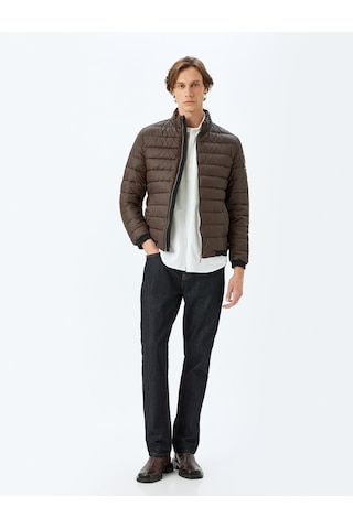 Koton Dik Yaka Etiket Detaylı Slim Fit Şişme Ceket Kahverengi 5wam20029hw Kahverengi
