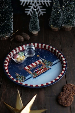 Winter Desenli Yuvarlak Metal Tepsi, 31,5 Cm