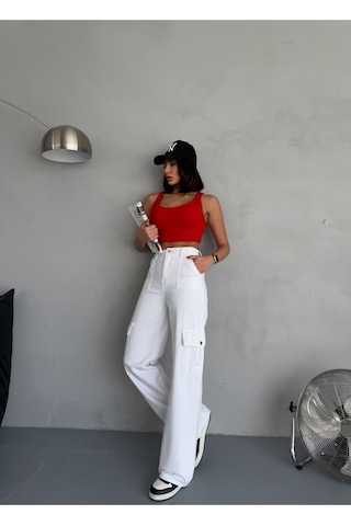 Gabardin Pantolon Wide-leg Fit Yüksek Bel Kargo Cepli Beyaz