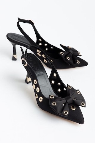 Kadın İnce Topuklu Stiletto Siyah Saten Fiyonklu-4689 Siyah