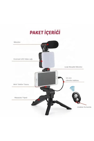 Hpytech Profesyonel Telefon Çekim Seti Tripod + Led Işık + Mikrofon Vlog, Youtube, Tiktok, Instagram Uyumlu