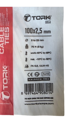 Tork 100x2,5 Mm Plastik Kablo Bağı Beyaz 100 Adet 100 BEYAZ