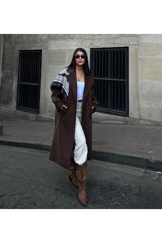 Kruvaze Kesim Kışlık Trençkot Palto Kahve