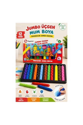 Jumbo Üçgen Mum Boya 12 Li 1 Paket Fixpoint 12 Renk Üçgen Mumboya Elleri Kirletmeyen Yıkanabilir Silinebilir Karton Kutu Çok Renkli