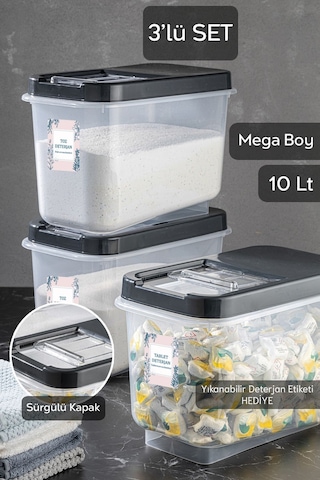 Meleni Home 3'lü Mega Banyo Düzenleyici Kayar Kapaklı Etiketli Toz Tablet Deterjan Saklama Kutusu Antrasit 10 L