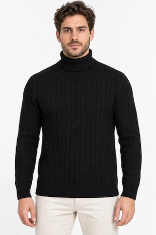 Moda Erkek Balıkçı Yaka Tam Boğazlı Kalın Fitilli Regular Fit Triko Kazak - Siyah Çok Renkli