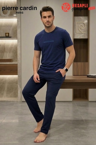 Pierre Cardin Paris Premium Erkek %100 Pamuklu Rahat Kalıp Cepli Kısa Kollu Pijama Takım Lacıvert