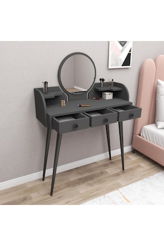 Arnetti Aynalı Ahşap Ayaklı Elegans Makyaj Masası Antrasit