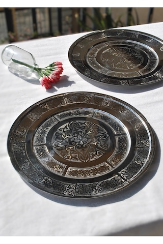 6 Adet Paslanmaz Çelik Etnik Desenli Servis Sunum Tabağı 27 Cm Gümüş