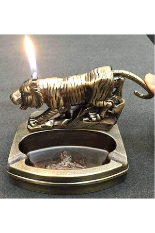 Kaplan Figürlü Metal Küllük Ve Çakmak Dekoratif Masaüstü Aksesuar