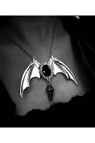 Dükkan Design Gotik Black Bat Cross Tabut Kolye Siyah - Gümüş