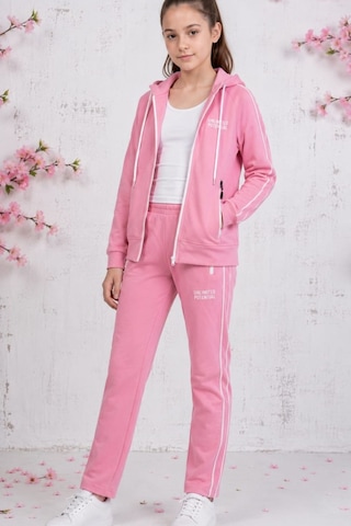 Pina Kids Kız Çocuk Unlimited Şeritli Kapüşonlu Düz Paça Reglan Kol Dalgıç Kumaş Eşofman Takımı Esf7013 Pembe
