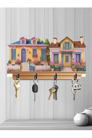 30x16 Cm 2d Ahşap Dört Metal Kancalı Uv Baskılı Mdf Duvar Askılığı Anaharlık Duvar Dekoratif Çok Renkli