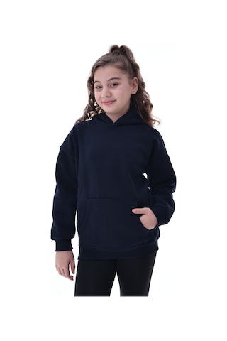 Unisex Çocuk Kapüşonlu Sweatshirt 5-14 Yaş Rahat Günlük Spor Oversize Lacivert