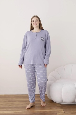 Boyraz Lindros Kadın Pamuklu Düğme Yaka Raporlu İnterlok Battal Pijama Takımı 05114 - 1 Adet Lila