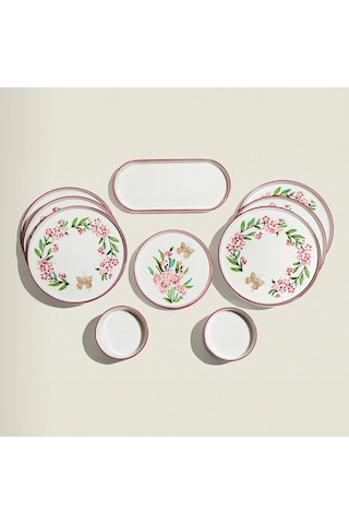 Nehir Pink Butterfly 6 Kişilik 13 Parça Seramik Kahvaltı Takımı Beyaz - Pembe