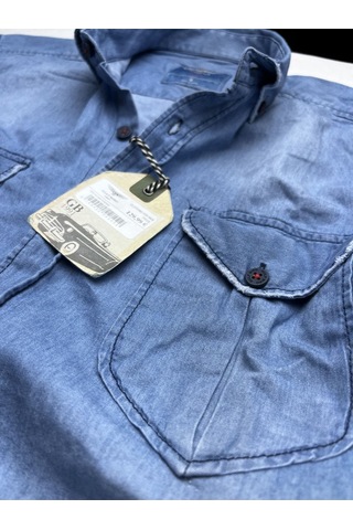 Slim Fit Saf Pamuk Denim Kumaş Kot Gömlek--çiftcep Mavi-- Açık Mavi