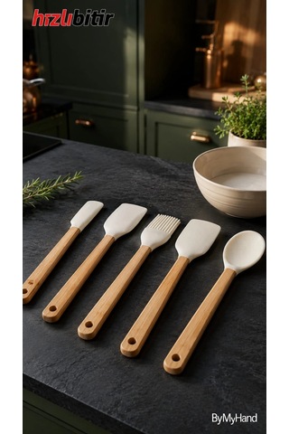 Bymyhand Ahşap Saplı Slikon Uçlu Slikon Mutfak Ve Pasta Yapım Hazırlık 5'li Set