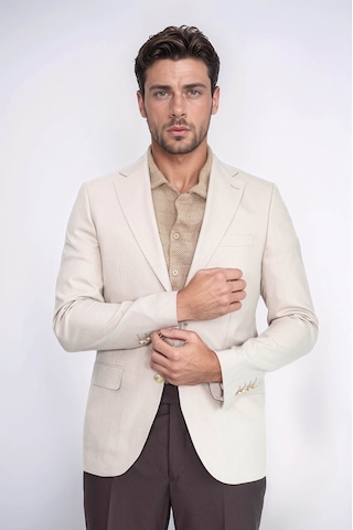 Bej Balıksırtı Desenli Gold Renk Metal Düğmeli Slim Fit Erkek Blazer Ceket - Wessi Cream