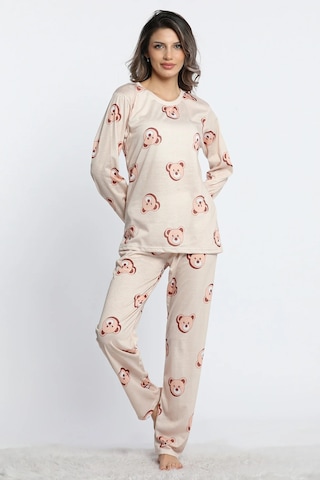 Lukitus Kadın Bisiklet Yaka Uzun Kol Ayıcıklı Pijama Takımı Lukitus Bej