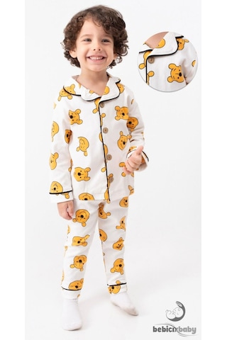%100 Pamuk Yumuşak Doku Ayıcık Baskılı Mevsimlik Bebek Ve Çocuk Pijama Takımı 4bb2 Beyaz