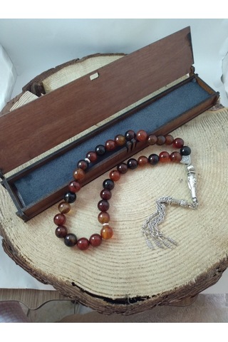 Kızıl Kahve Akik Taşı Tespih Ahşap Kutulu / 10 MM Doğaltaş Tespih