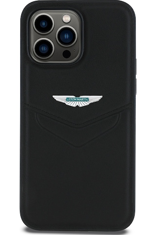 Apple Uyumlu iPhone 14 Pro Max Kılıf Aston Martin Lisanslı Victory Dizayn Deri Metal Logolu Kapak Siyah