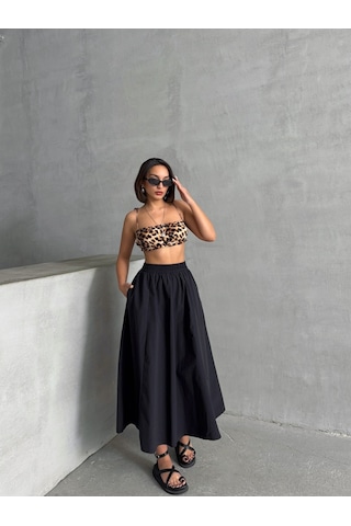 Kadın Beli Lastikli Dokuma Kloş Etek Siyah