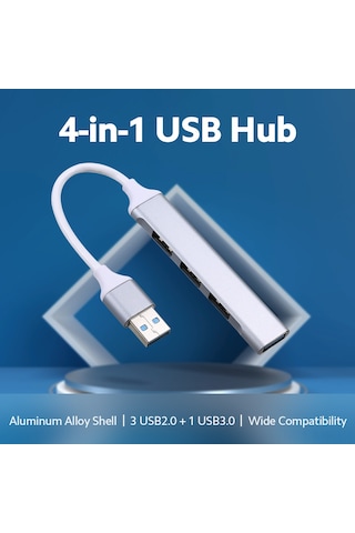 Mufunye Alüminyum 4-port Usb Hub: 1x Usb3.0 + 3x Usb2.0 Çoklayıcı, Gümüş Renk, 8cm Kablolu