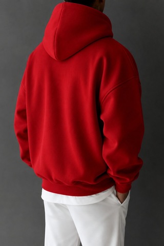 Tarz Cool Regular Kapüşonlu Sweatshirt Erkek Unisex 3 İplik Şardonlu %100 Pamuk Basic Hoodie Kırmızı