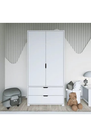 Duru 90 Cm Mat Beyaz 2 Kapılı 2 Çekmeceli Elbise Dolabı - Gardırop Beyaz