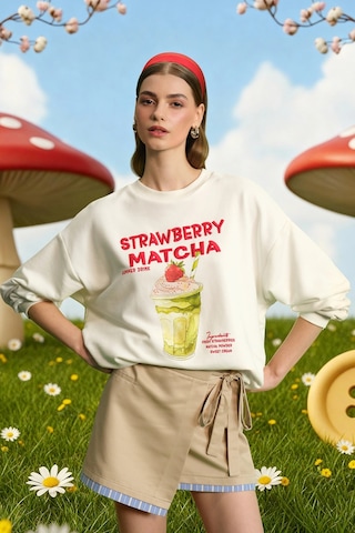 Quzu Baskı Detaylı Sweatshirt Ekru Ekru